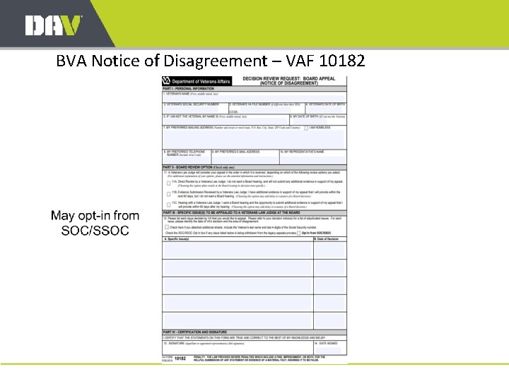 BVA Notice of Disagreement – VAF 10182 
