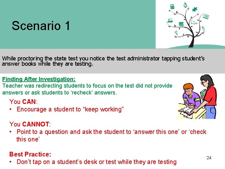 Scenario 1 While proctoring the state test you notice the test administrator tapping student’s