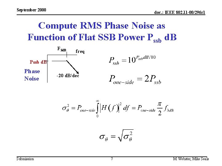 September 2000 doc. : IEEE 802. 11 -00/296 r 1 Compute RMS Phase Noise