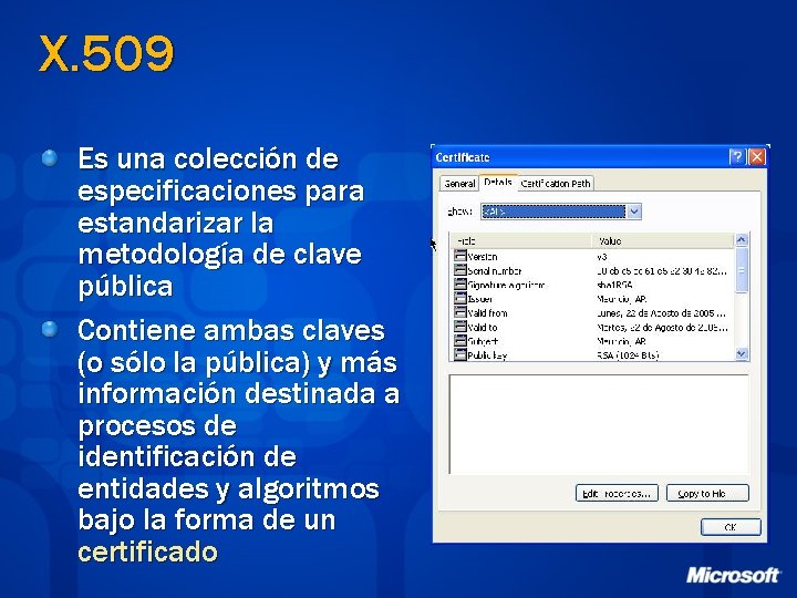 X. 509 Es una colección de especificaciones para estandarizar la metodología de clave pública