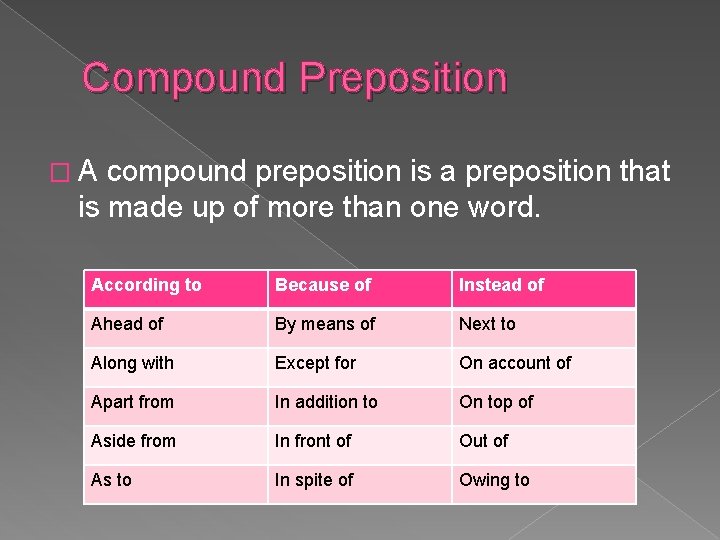 Compound Preposition �A compound preposition is a preposition that is made up of more