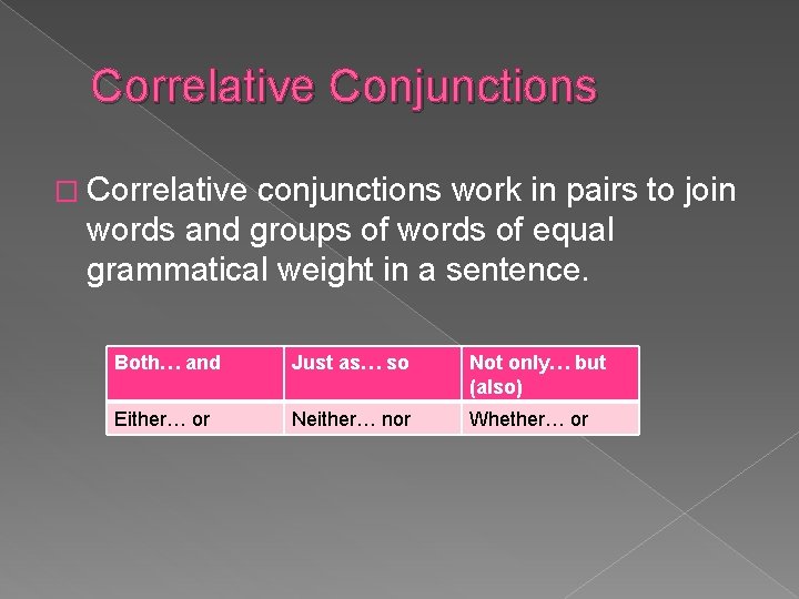 Correlative Conjunctions � Correlative conjunctions work in pairs to join words and groups of