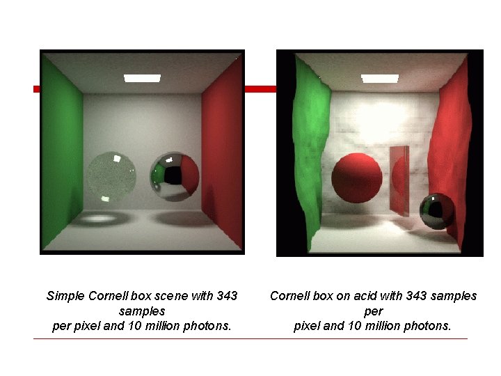 Simple Cornell box scene with 343 samples per pixel and 10 million photons. Cornell