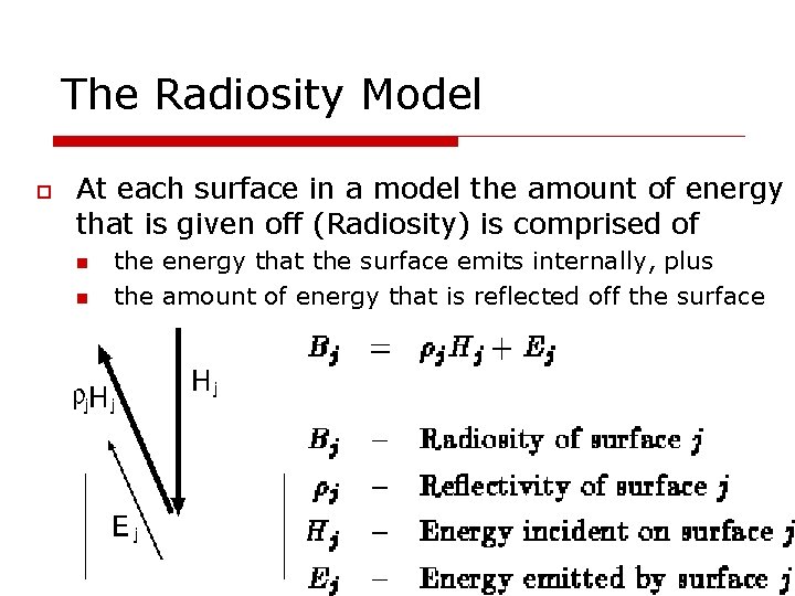 The Radiosity Model At each surface in a model the amount of energy that