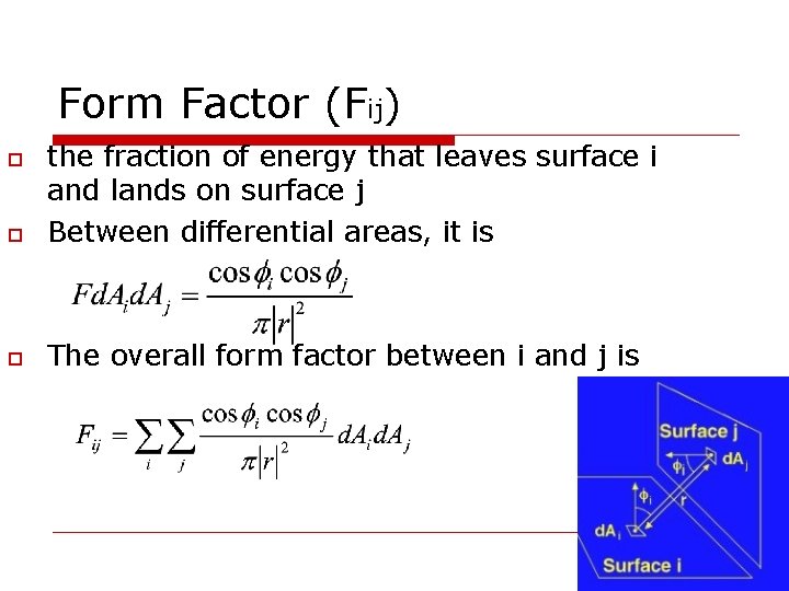 Form Factor (Fij) the fraction of energy that leaves surface i and lands on
