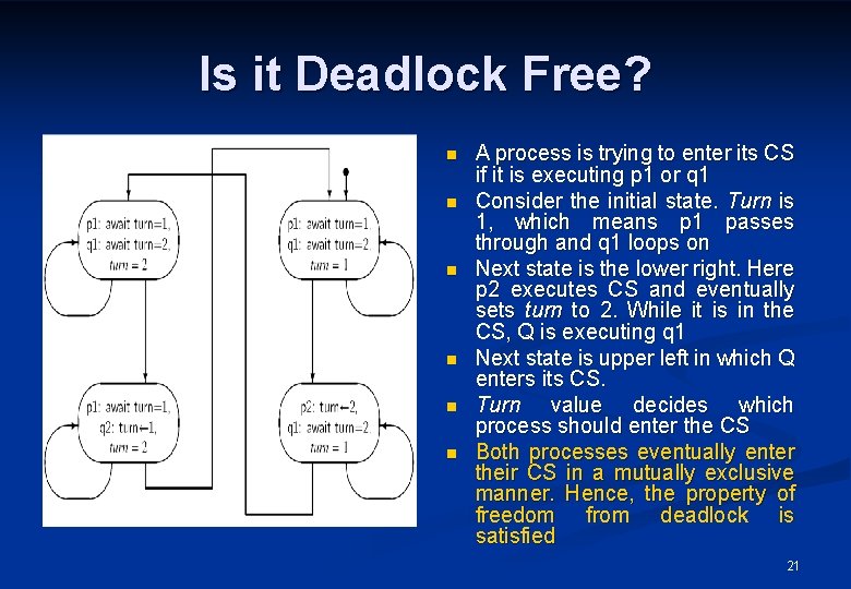 Is it Deadlock Free? n n n A process is trying to enter its