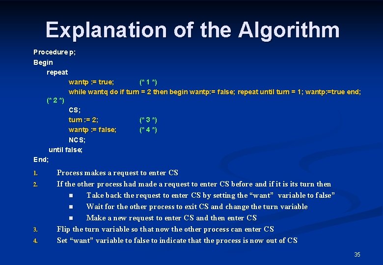 Explanation of the Algorithm Procedure p; Begin repeat wantp : = true; (* 1