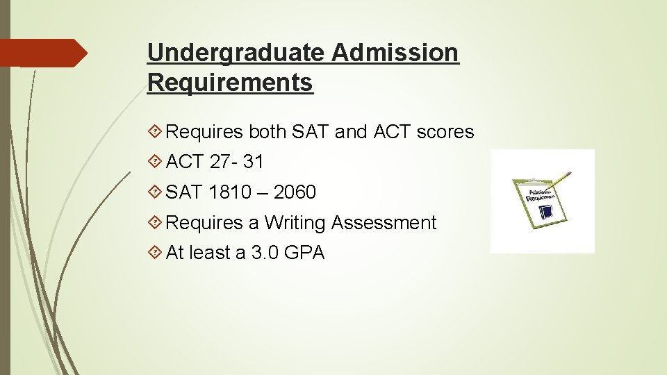 Undergraduate Admission Requirements Requires both SAT and ACT scores ACT 27 - 31 SAT