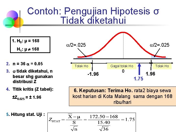 Contoh: Pengujian Hipotesis σ Tidak diketahui 1. H 0: μ = 168 H 1: