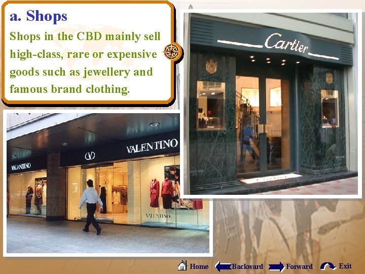 a. Shops in the CBD mainly sell high-class, rare or expensive goods such as