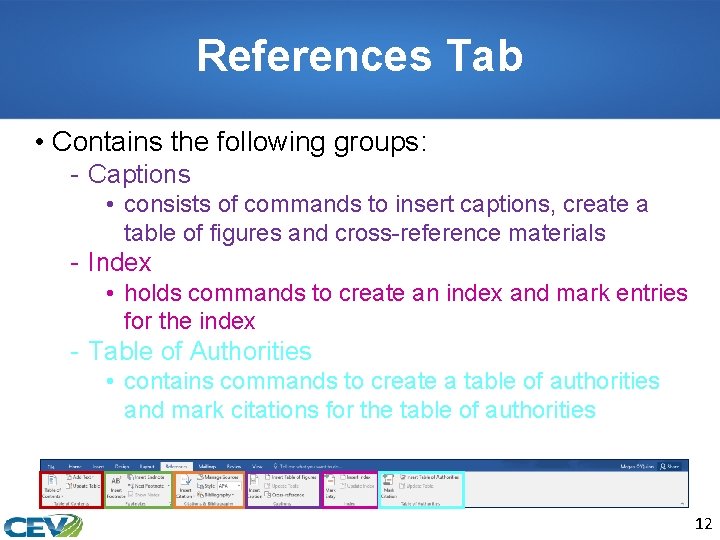 References Tab • Contains the following groups: - Captions • consists of commands to