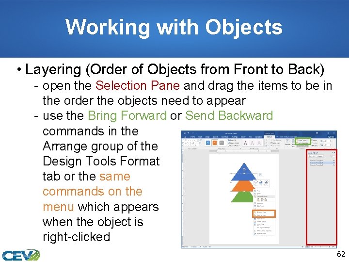 Working with Objects • Layering (Order of Objects from Front to Back) - open