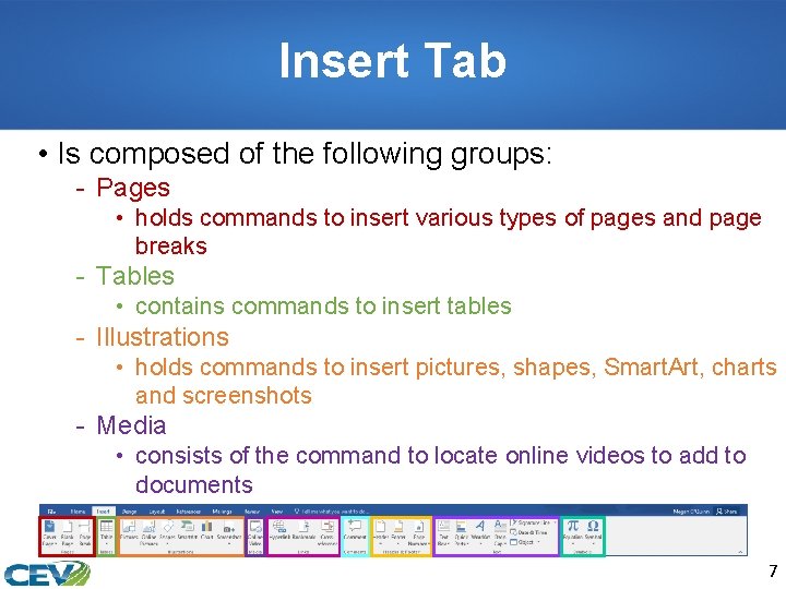 Insert Tab • Is composed of the following groups: - Pages • holds commands