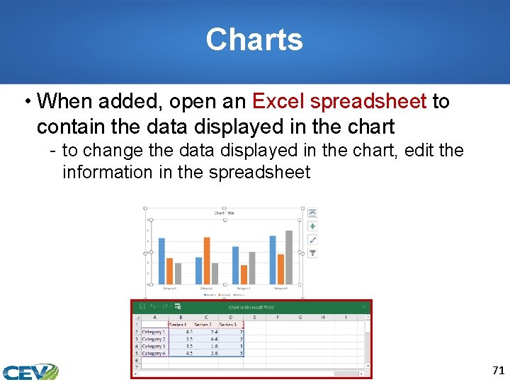 Charts • When added, open an Excel spreadsheet to contain the data displayed in