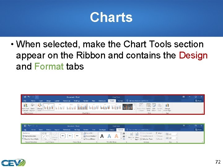 Charts • When selected, make the Chart Tools section appear on the Ribbon and