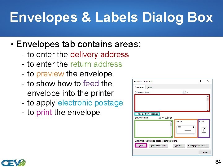 Envelopes & Labels Dialog Box • Envelopes tab contains areas: - to enter the