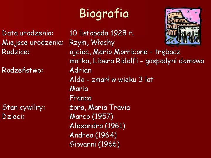 Biografia Data urodzenia: 10 listopada 1928 r. Miejsce urodzenia: Rzym, Włochy Rodzice: ojciec, Mario