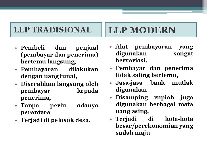 LLP TRADISIONAL LLP MODERN • Pembeli dan penjual (pembayar dan penerima) bertemu langsung, •