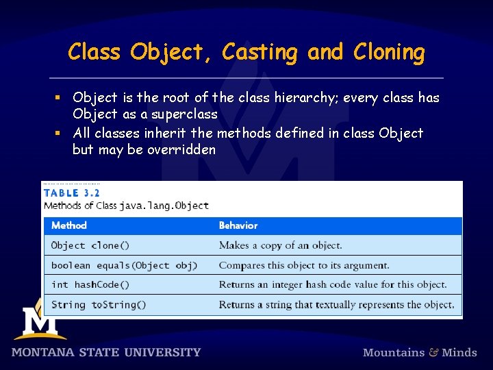 Class Object, Casting and Cloning § Object is the root of the class hierarchy;