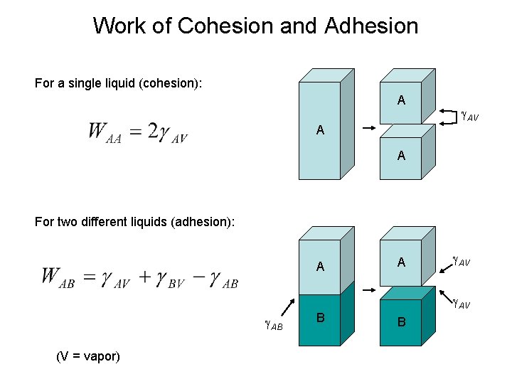 Work of Cohesion and Adhesion For a single liquid (cohesion): A AV A A