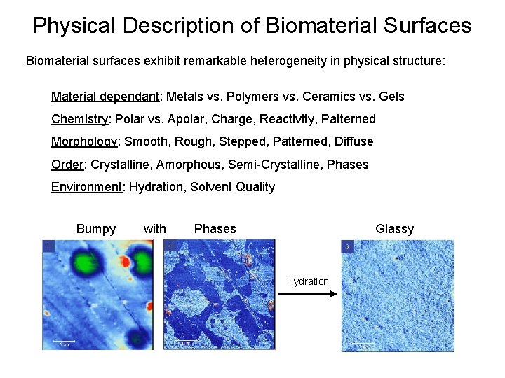 Physical Description of Biomaterial Surfaces Biomaterial surfaces exhibit remarkable heterogeneity in physical structure: Material