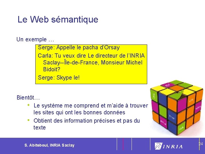 24 Le Web sémantique Un exemple … Serge: Appelle le pacha d’Orsay Carla: Tu