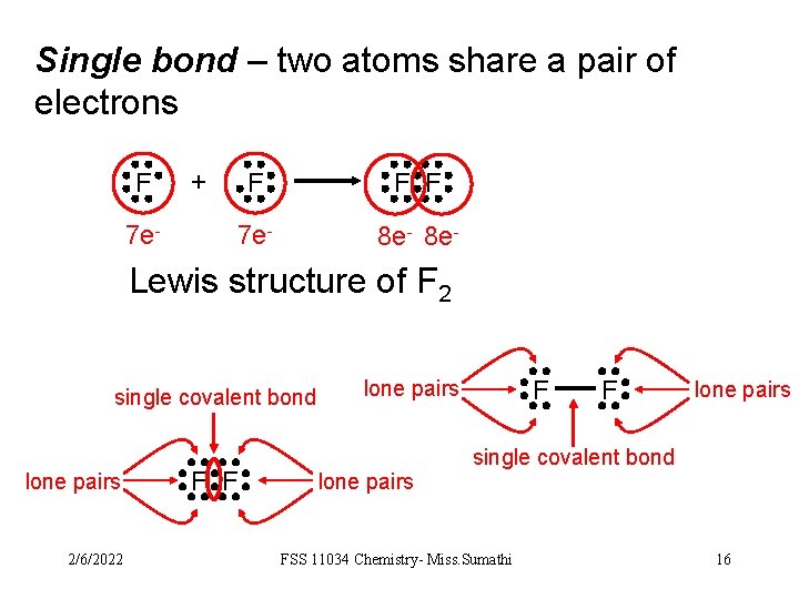 Single bond – two atoms share a pair of electrons F 7 e- +