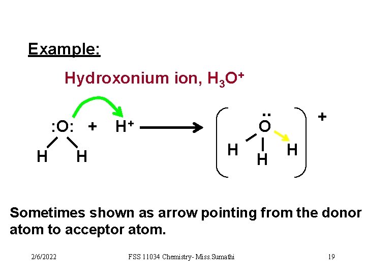 Example: Hydroxonium ion, H 3 O+ : O: + H H . . H+