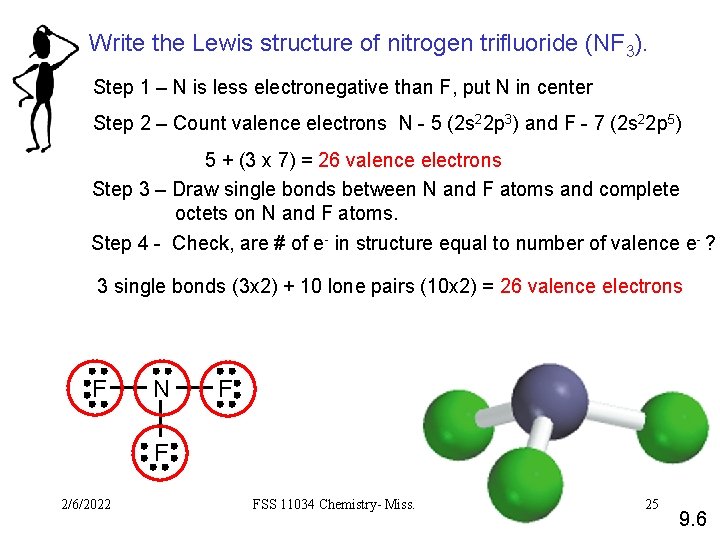 Write the Lewis structure of nitrogen trifluoride (NF 3). Step 1 – N is