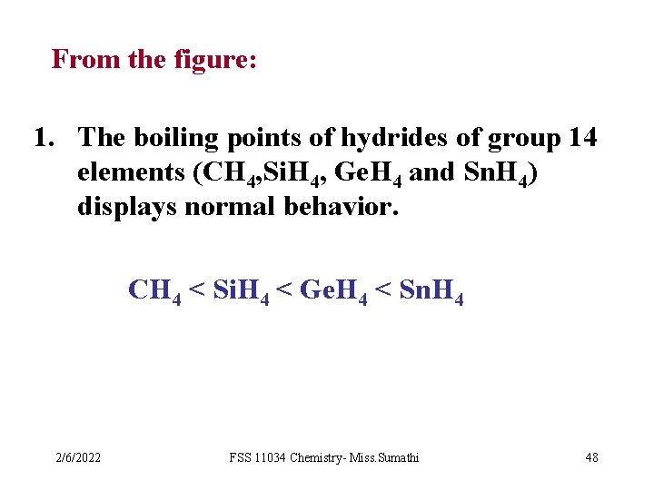 From the figure: 1. The boiling points of hydrides of group 14 elements (CH