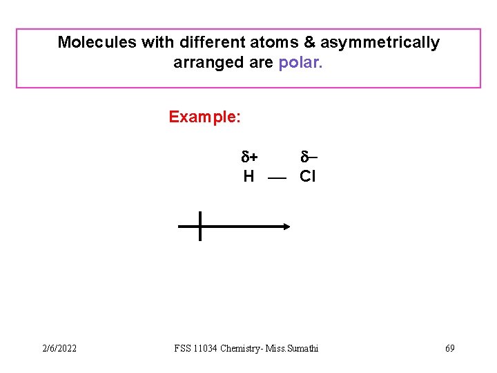 Molecules with different atoms & asymmetrically arranged are polar. Example: + H Cl 2/6/2022