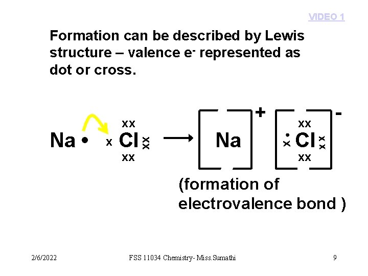 VIDEO 1 Formation can be described by Lewis structure – valence e- represented as