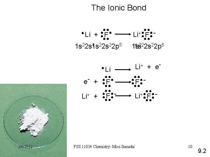 The Ionic Bond Li + F 1 22 s 22 p 5 1 s