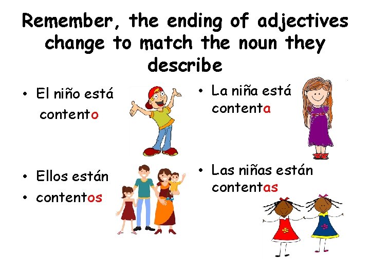 Remember, the ending of adjectives change to match the noun they describe • El