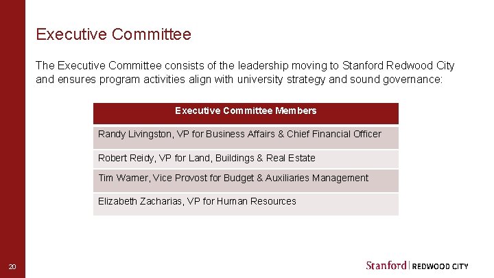 Executive Committee The Executive Committee consists of the leadership moving to Stanford Redwood City