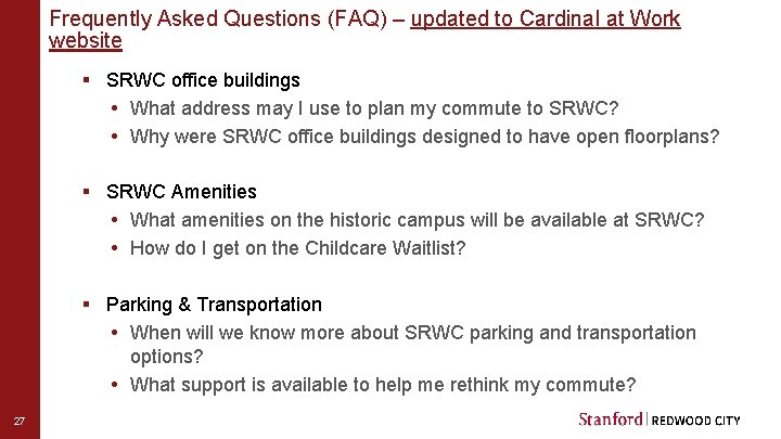 Frequently Asked Questions (FAQ) – updated to Cardinal at Work website § SRWC office