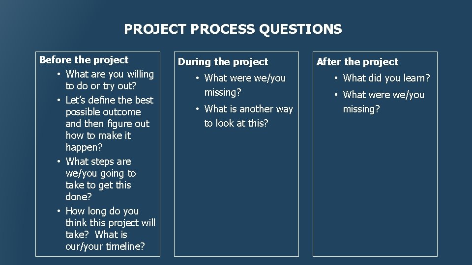 PROJECT PROCESS QUESTIONS Before the project • What are you willing to do or