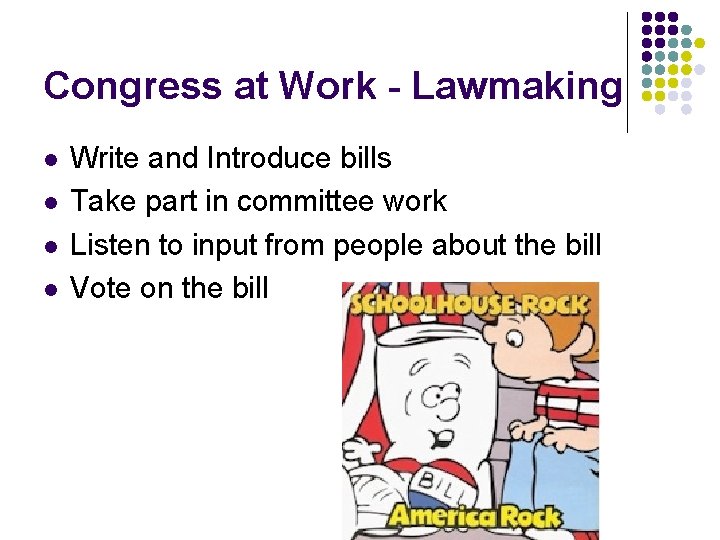 Congress at Work - Lawmaking l l Write and Introduce bills Take part in