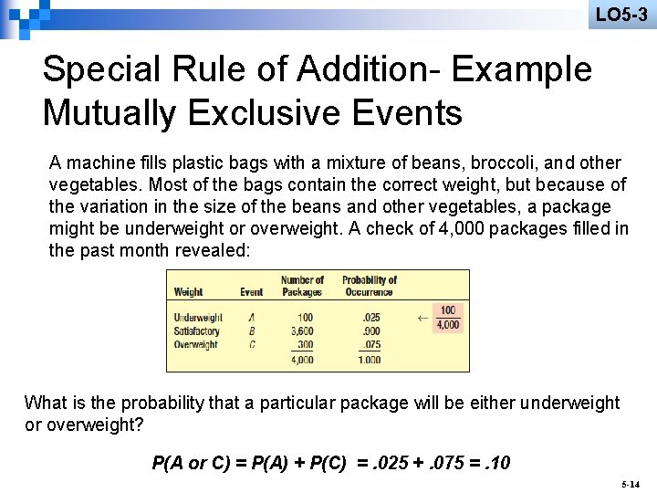 LO 5 -3 Special Rule of Addition- Example Mutually Exclusive Events A machine fills