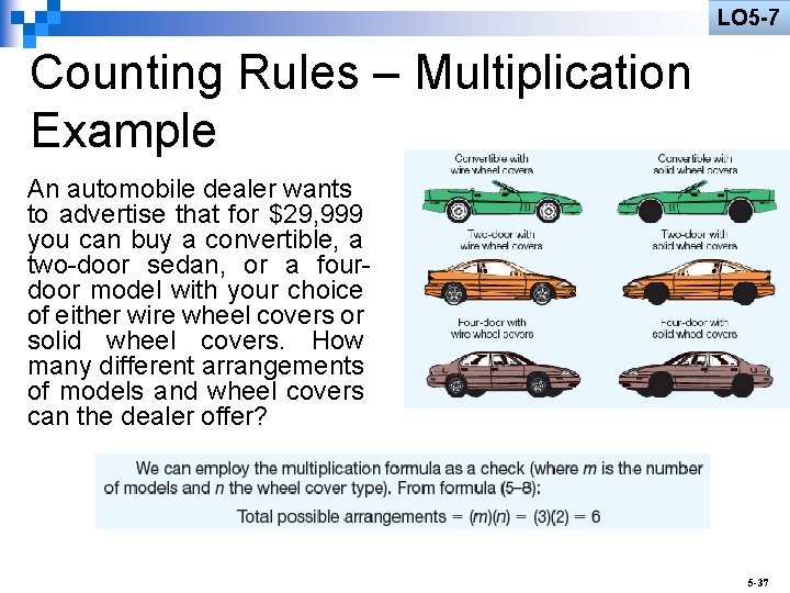 LO 5 -7 Counting Rules – Multiplication Example An automobile dealer wants to advertise