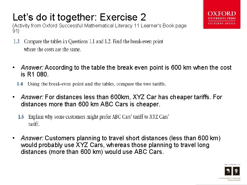 Let’s do it together: Exercise 2 (Activity from Oxford Successful Mathematical Literacy 11 Learner's