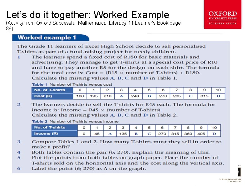 Let’s do it together: Worked Example (Activity from Oxford Successful Mathematical Literacy 11 Learner's
