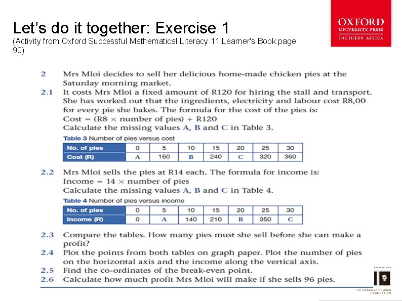 Let’s do it together: Exercise 1 (Activity from Oxford Successful Mathematical Literacy 11 Learner's
