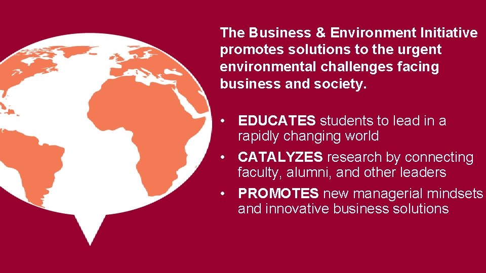 The Business & Environment Initiative promotes solutions to the urgent environmental challenges facing business