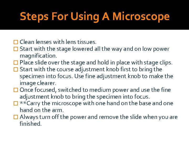 Steps For Using A Microscope � Clean lenses with lens tissues. � Start with