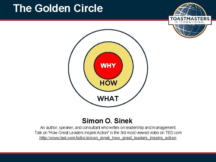 The Golden Circle WHY HOW WHAT Simon O. Sinek An author, speaker, and consultant