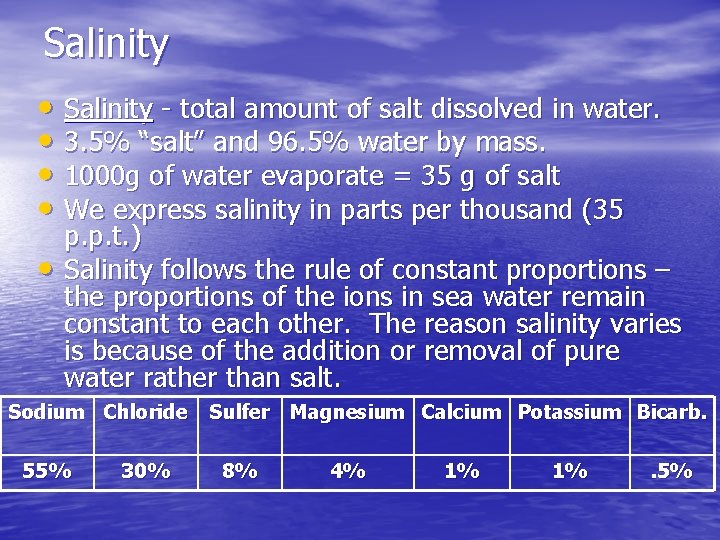 Salinity • Salinity - total amount of salt dissolved in water. • 3. 5%