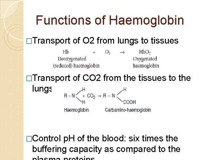 Functions of Haemoglobin �Transport of O 2 from lungs to tissues �Transport of CO