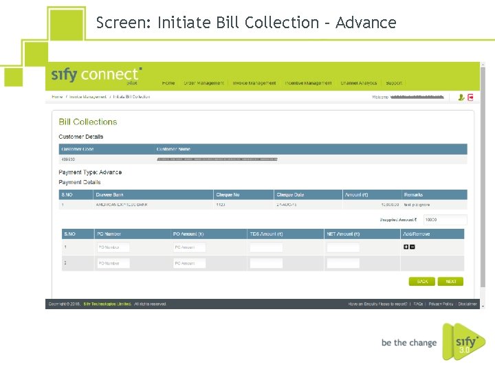 Screen: Initiate Bill Collection – Advance 