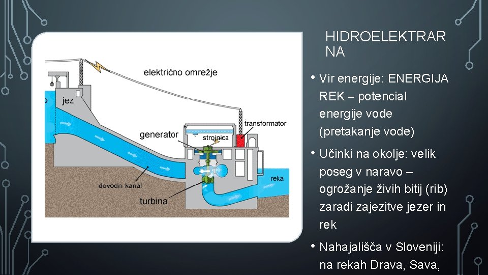 HIDROELEKTRAR NA • Vir energije: ENERGIJA REK – potencial energije vode (pretakanje vode) •